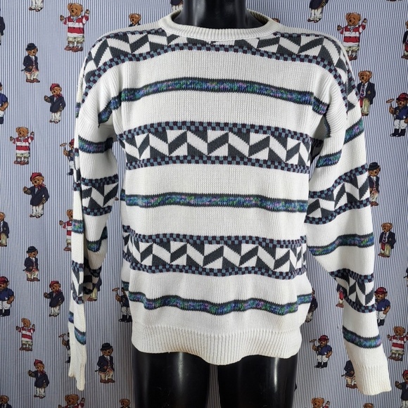 Vintage London Fog Towne Women's grandma stripe white LG tight knit sweater - Picture 2 of 5